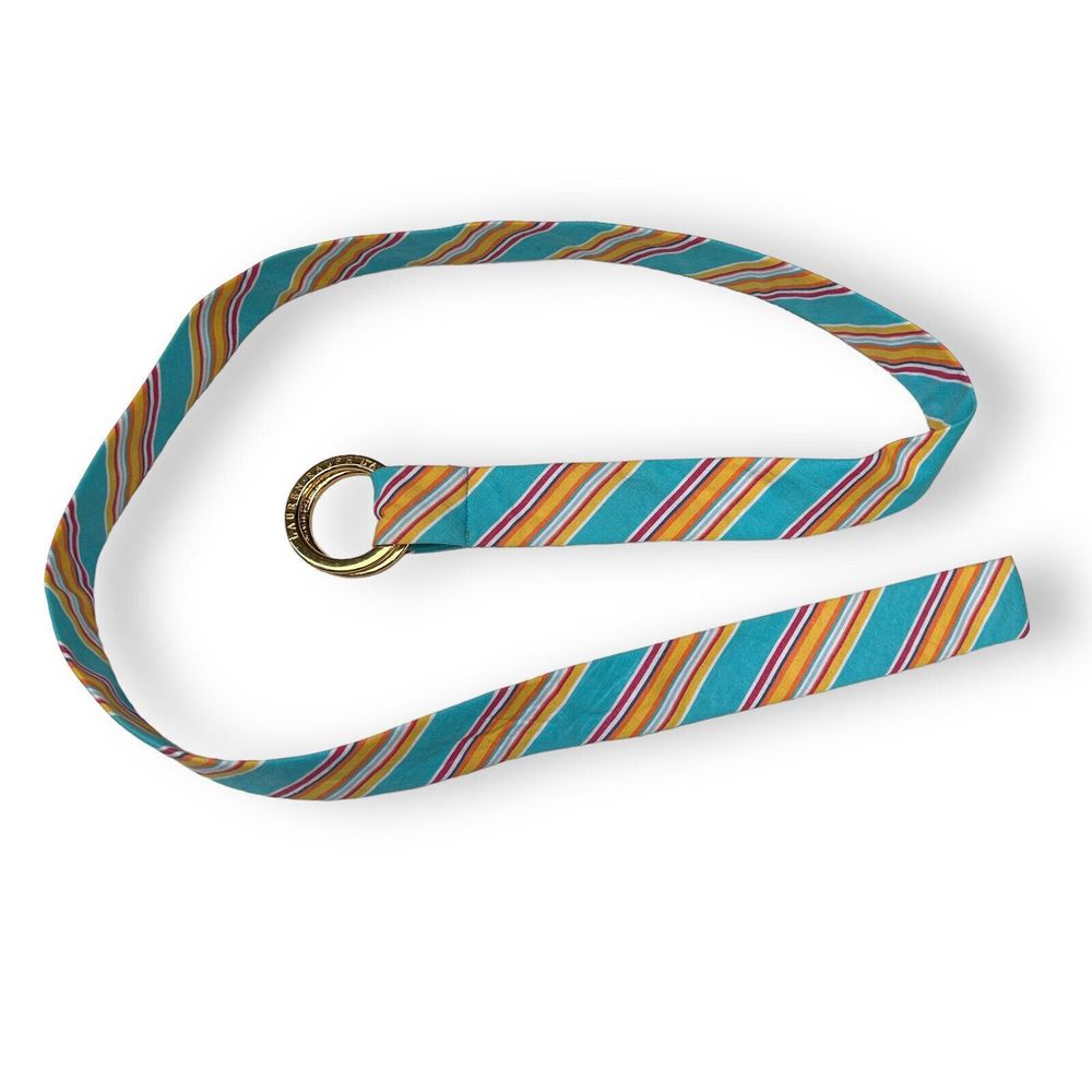 Vintage Ralph Lauren 90s Preppy Cloth Belt Blue Teal Yellow Striped Double Ring - Picture 1 of 6